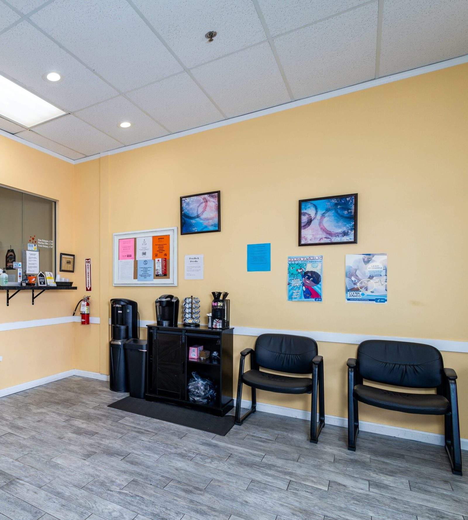 Coffee, water and snacks by the front desk
