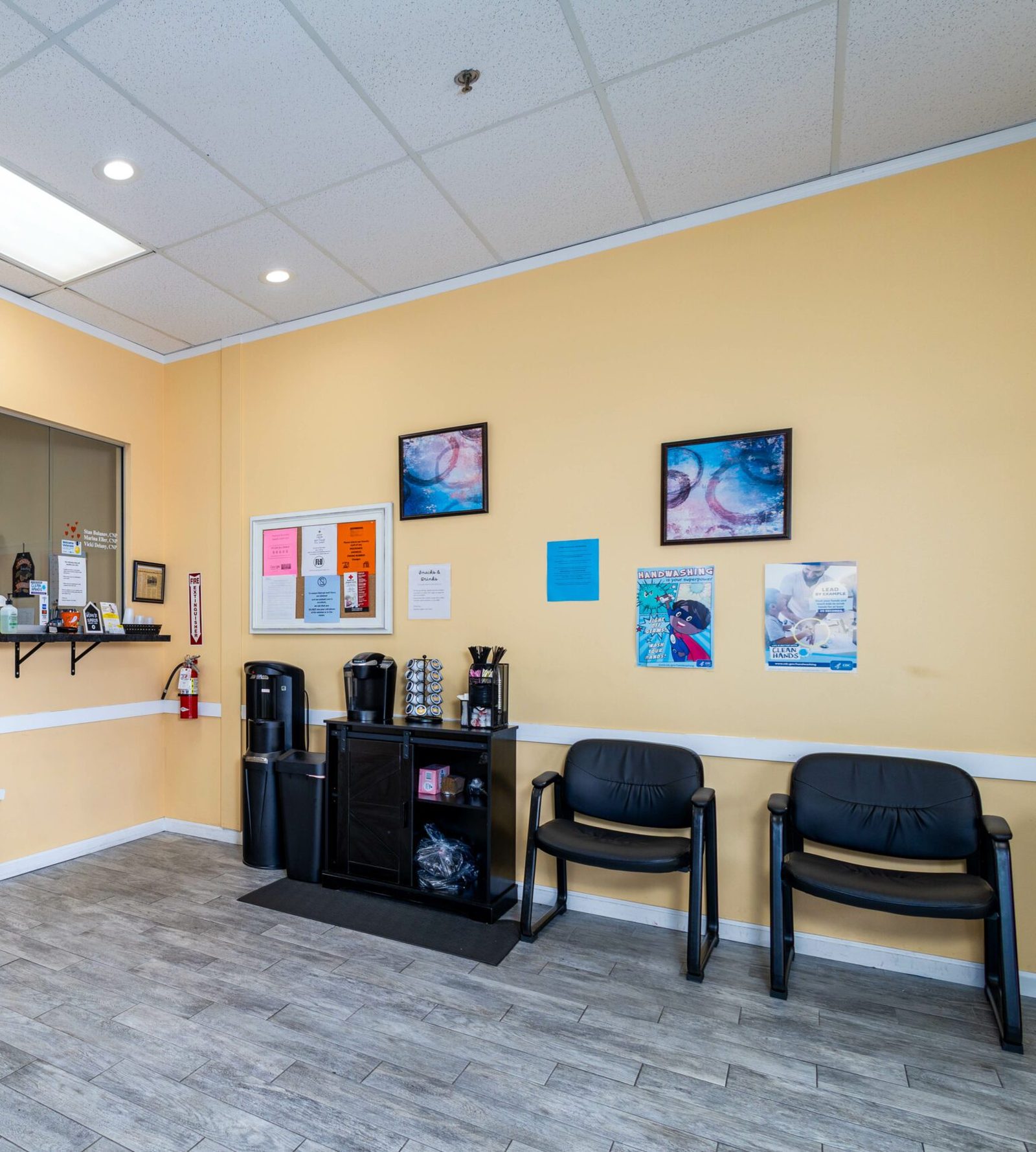 Coffee, water and snacks by the front desk